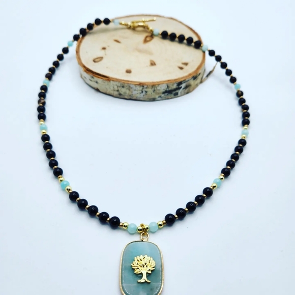 Black Agate ,Amazonite Tree of Life necklace 6 mm - Picture 2 of 6
